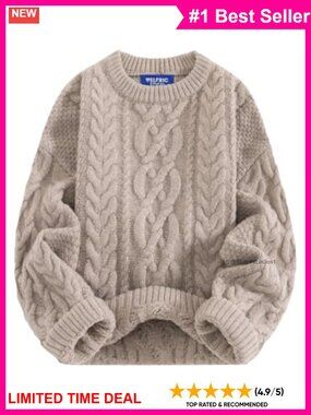 Oversized Chunky Cable Knit Crew Neck Pullover Sweater